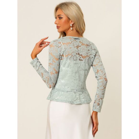 Floral Lace Shrug Tie Front Top Ruffled Hem Sheer Crop Bolero Cardigan Grey - Picture 3 of 6